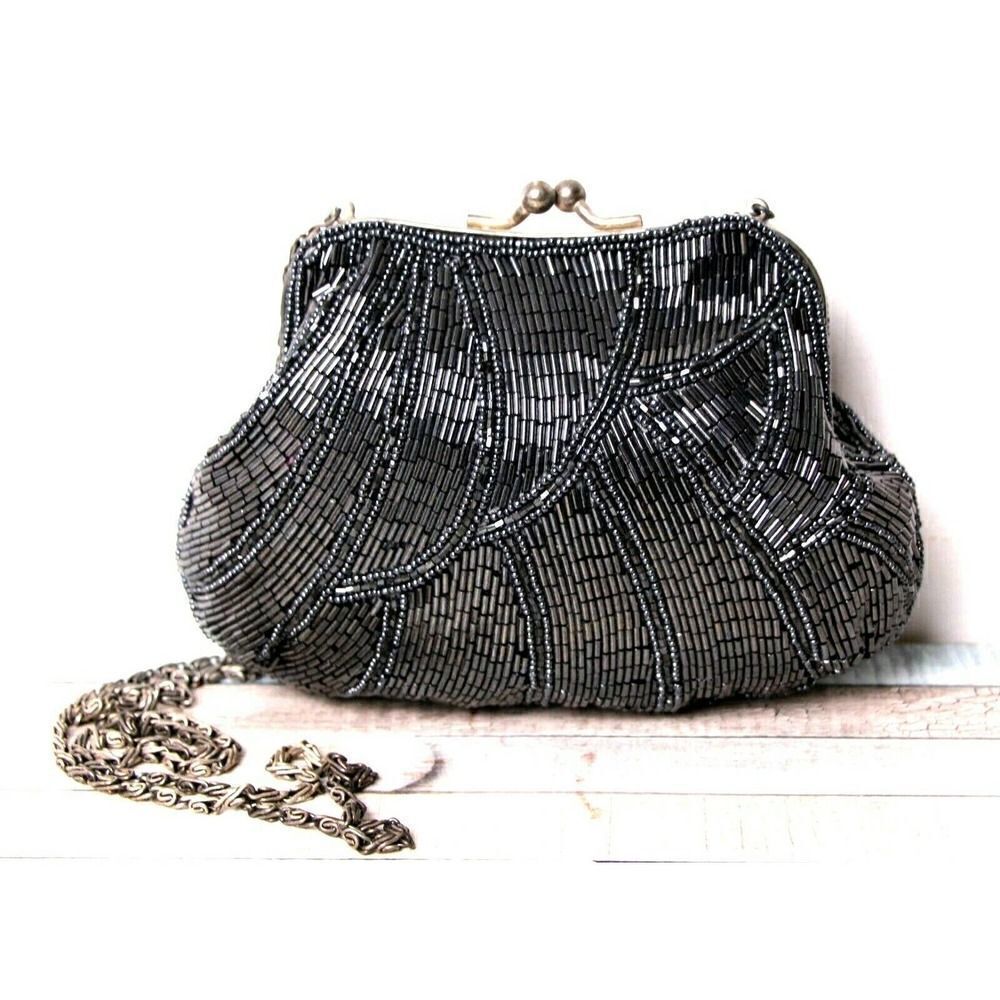 Caché BLUE SILVER BEADS KISS LOCK FRAME CHAIN STRAP X-BODY SHOULDER BAG PURSE